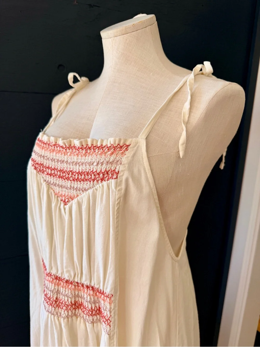 Free People Cream Smocked Tie-Strap Midi Dress with Pink Embroidery Size M